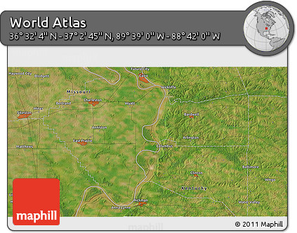 Satellite 3D Map of the Area around 36° 47' 25" N, 89° 10' 30" W