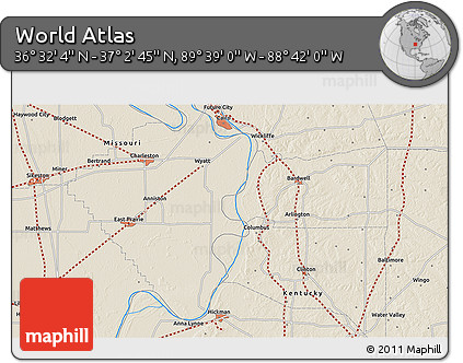 Shaded Relief 3D Map of the Area around 36° 47' 25" N, 89° 10' 30" W
