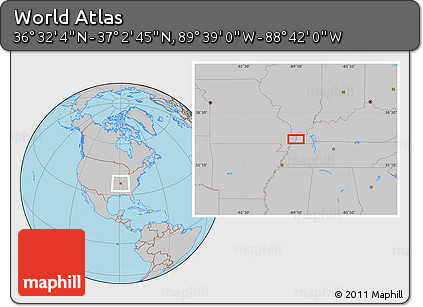 Gray Location Map of the Area around 36° 47' 25" N, 89° 10' 30" W