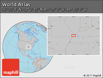 Gray Location Map of the Area around 36° 47' 25" N, 89° 10' 30" W
