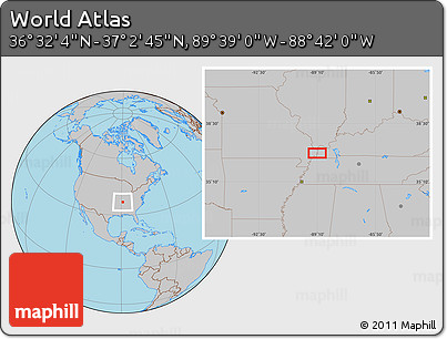 Gray Location Map of the Area around 36° 47' 25" N, 89° 10' 30" W