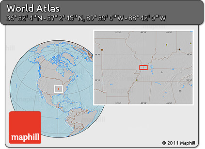 Gray Location Map of the Area around 36° 47' 25" N, 89° 10' 30" W, hill shading
