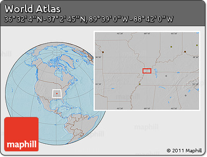 Gray Location Map of the Area around 36° 47' 25" N, 89° 10' 30" W, hill shading