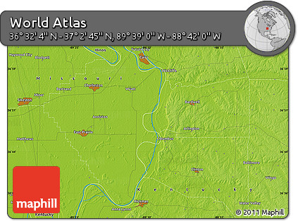 Physical Map of the Area around 36° 47' 25" N, 89° 10' 30" W