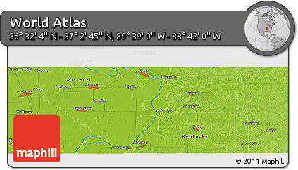 Physical Panoramic Map of the Area around 36° 47' 25" N, 89° 10' 30" W