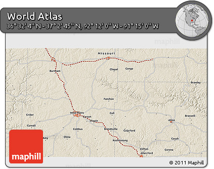 Shaded Relief 3D Map of the Area around 36° 47' 25" N, 91° 43' 29" W