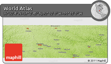 Physical Panoramic Map of the Area around 36° 47' 25" N, 91° 43' 29" W