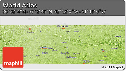 Physical Panoramic Map of the Area around 36° 47' 25" N, 91° 43' 29" W