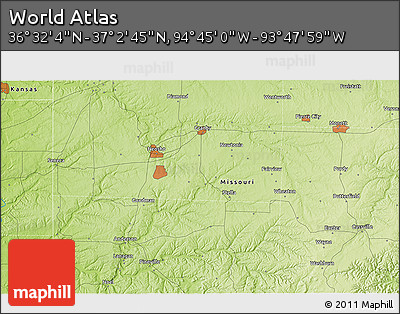 Physical 3D Map of the Area around 36° 47' 25" N, 94° 16' 30" W