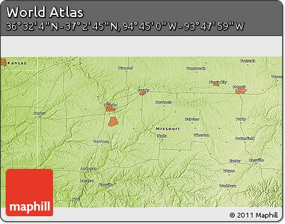 Physical 3D Map of the Area around 36° 47' 25" N, 94° 16' 30" W