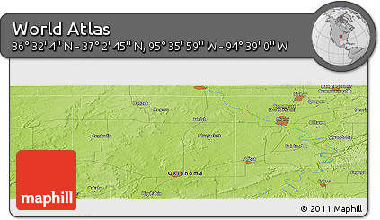 Physical Panoramic Map of the Area around 36° 47' 25" N, 95° 7' 30" W