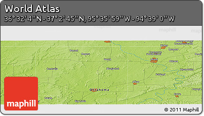 Physical Panoramic Map of the Area around 36° 47' 25" N, 95° 7' 30" W