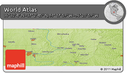 Physical Panoramic Map of the Area around 36° 47' 25" N, 96° 49' 29" W