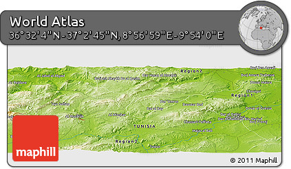 Physical Panoramic Map of the Area around 36° 47' 25" N, 9° 25' 30" E