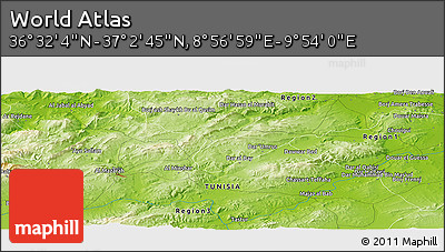 Physical Panoramic Map of the Area around 36° 47' 25" N, 9° 25' 30" E