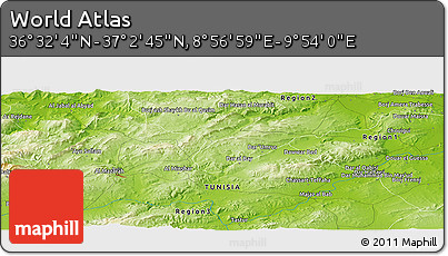 Physical Panoramic Map of the Area around 36° 47' 25" N, 9° 25' 30" E