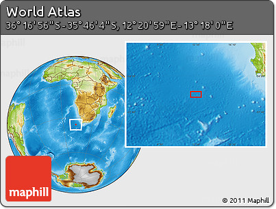 Physical Location Map of the Area around 36° 1' 30" S, 12° 49' 29" E