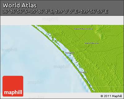 Physical 3D Map of the Area around 36° 1' 30" S, 139° 28' 29" E