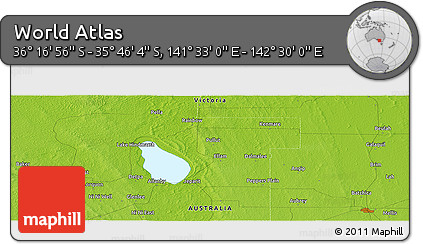 Physical Panoramic Map of the Area around 36° 1' 30" S, 142° 1' 30" E