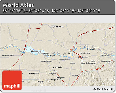 Shaded Relief 3D Map of the Area around 36° 1' 30" S, 146° 16' 30" E