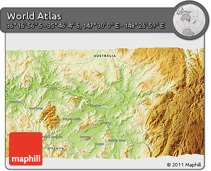 Physical 3D Map of the Area around 36° 1' 30" S, 147° 58' 29" E