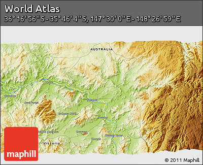 Physical 3D Map of the Area around 36° 1' 30" S, 147° 58' 29" E