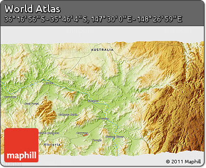 Physical 3D Map of the Area around 36° 1' 30" S, 147° 58' 29" E