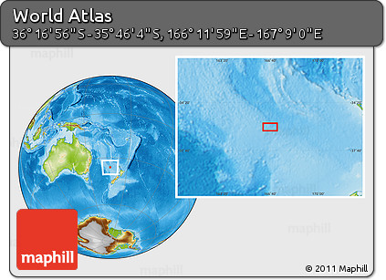 Physical Location Map of the Area around 36° 1' 30" S, 166° 40' 30" E