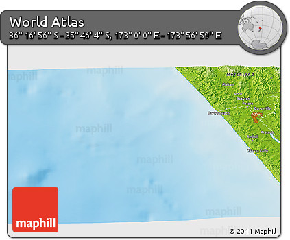 Physical 3D Map of the Area around 36° 1' 30" S, 173° 28' 29" E