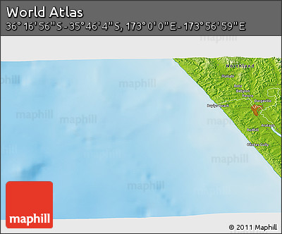 Physical 3D Map of the Area around 36° 1' 30" S, 173° 28' 29" E