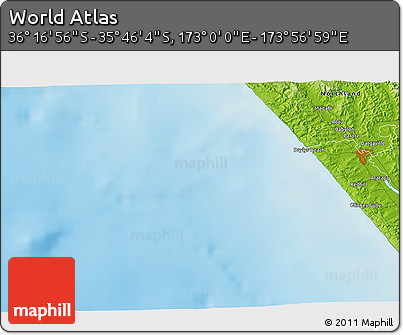Physical 3D Map of the Area around 36° 1' 30" S, 173° 28' 29" E