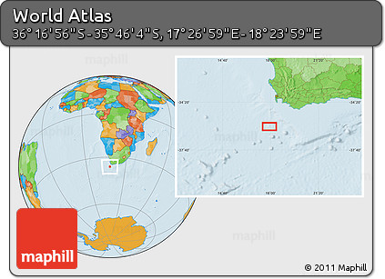 Political Location Map of the Area around 36° 1' 30" S, 17° 55' 29" E