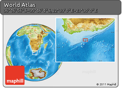 Physical Location Map of the Area around 36° 1' 30" S, 23° 1' 29" E
