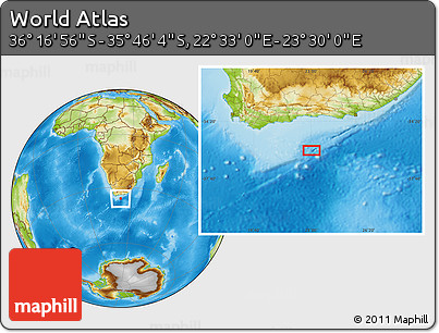 Physical Location Map of the Area around 36° 1' 30" S, 23° 1' 29" E