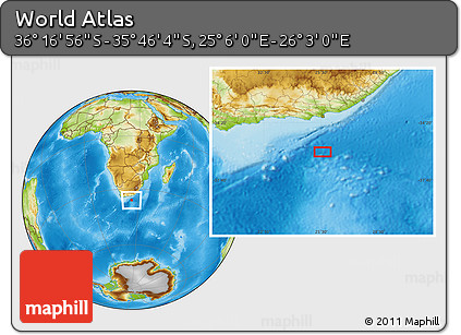 Physical Location Map of the Area around 36° 1' 30" S, 25° 34' 30" E