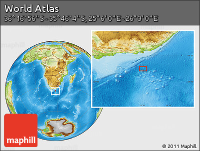 Physical Location Map of the Area around 36° 1' 30" S, 25° 34' 30" E