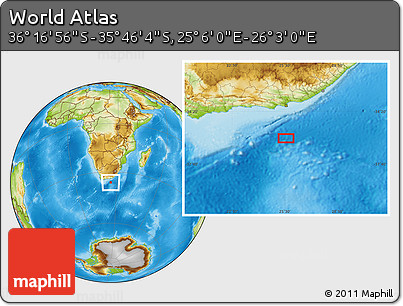 Physical Location Map of the Area around 36° 1' 30" S, 25° 34' 30" E