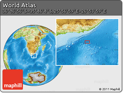 Physical Location Map of the Area around 36° 1' 30" S, 26° 25' 29" E