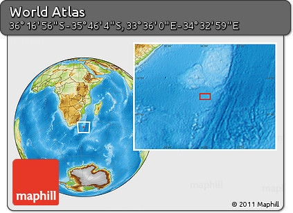 Physical Location Map of the Area around 36° 1' 30" S, 34° 4' 30" E
