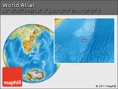 Physical Location Map of the Area around 36° 1' 30" S, 34° 4' 30" E
