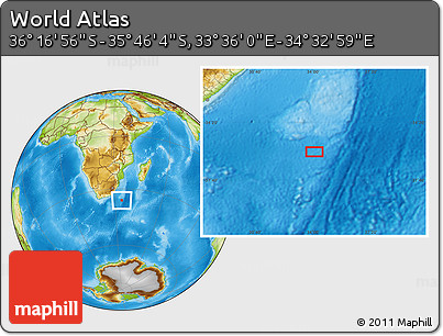 Physical Location Map of the Area around 36° 1' 30" S, 34° 4' 30" E