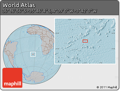Gray Location Map of the Area around 36° 1' 30" S, 4° 10' 30" W, hill shading