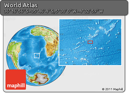 Physical Location Map of the Area around 36° 1' 30" S, 5° 1' 30" W