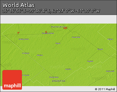 Physical 3D Map of the Area around 36° 1' 30" S, 61° 58' 30" W