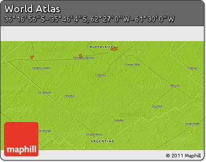 Physical 3D Map of the Area around 36° 1' 30" S, 61° 58' 30" W