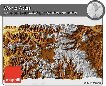 Physical 3D Map of the Area around 36° 1' 30" S, 70° 28' 29" W