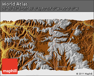Physical 3D Map of the Area around 36° 1' 30" S, 70° 28' 29" W
