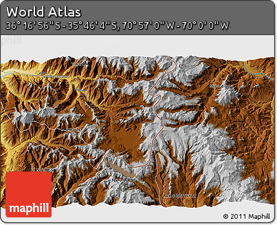 Physical 3D Map of the Area around 36° 1' 30" S, 70° 28' 29" W
