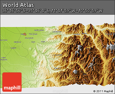 Physical 3D Map of the Area around 36° 1' 30" S, 71° 19' 29" W