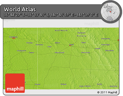 Physical 3D Map of the Area around 36° 29' 4" S, 141° 10' 30" E
